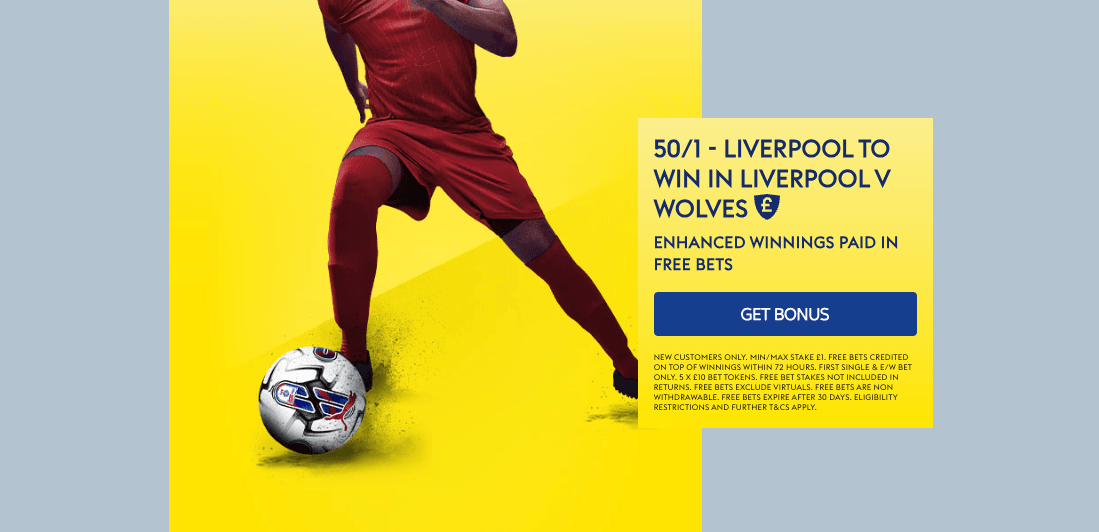 Sky Bet Welcome Offer – Get 50/1 On Liverpool To Win vs Wolves